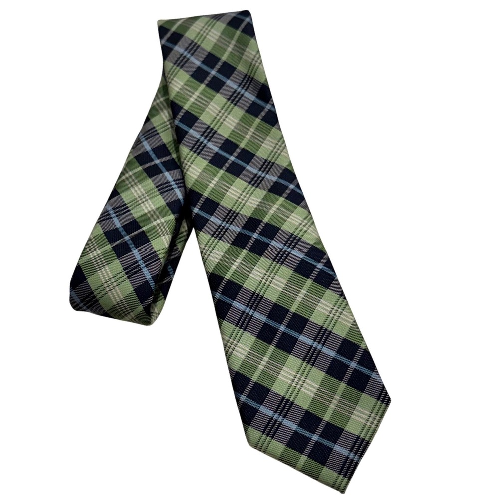 Chaps Mens Plaid Necktie Green Navy Blue White Polyester Handmade‎ Tie